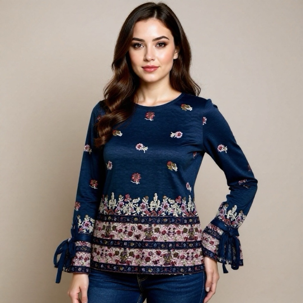 Lucky Brand Top Long Bell Sleeve Size XS Navy Blue Floral